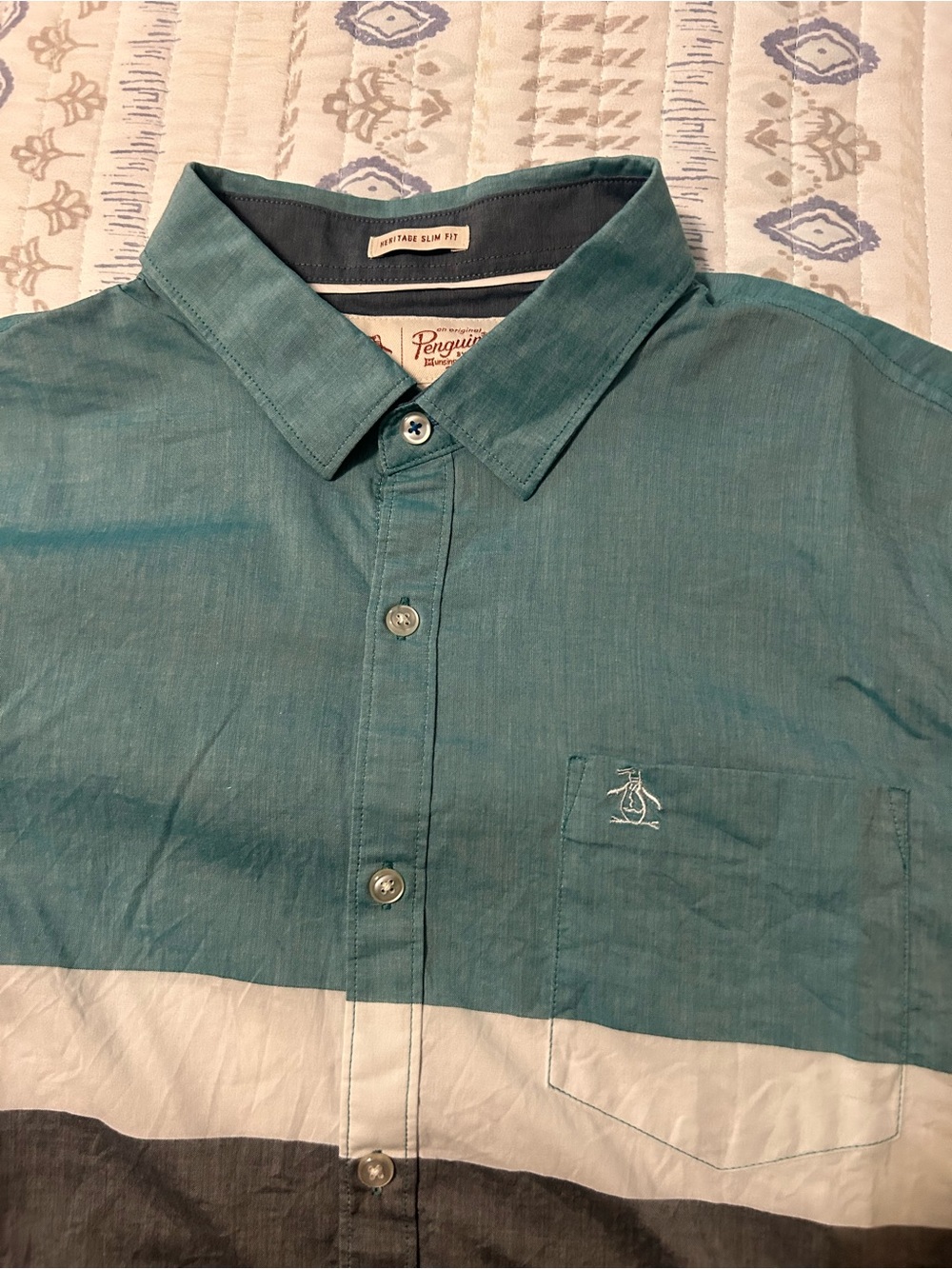 Original Penguin Teal and White Striped Men’s Button-Down Shirt